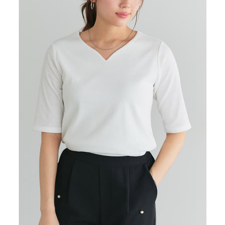 オフホワイト | 選べるネック5分袖テレコリブカットソー カットソー リブ | Pierrot