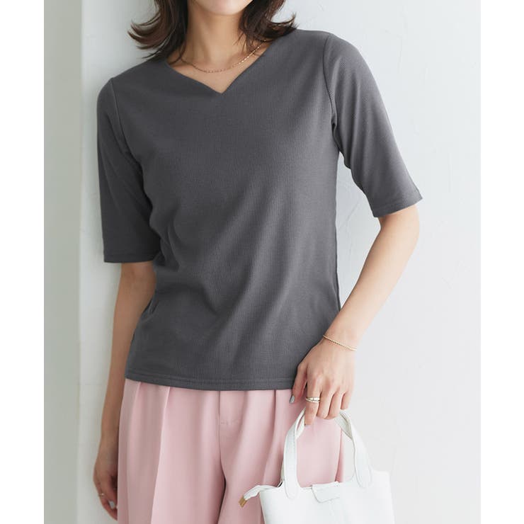 チャコール | 選べるネック5分袖テレコリブカットソー カットソー リブ | Pierrot