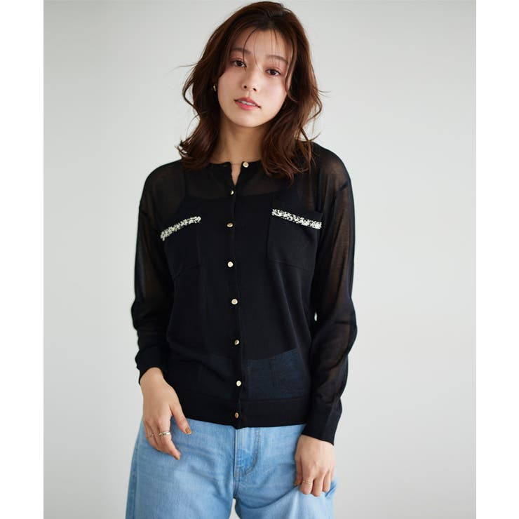 ブラック | ツイードリボンポケットシアーカーディガン カーディガン ツイード | Pierrot