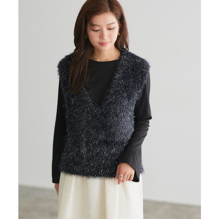 ブラック | ラメシャギーニットベスト 毛足 シャギー素材 | Pierrot