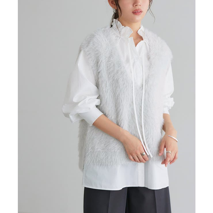 シルバーグレー | ラメシャギーニットベスト 毛足 シャギー素材 | Pierrot