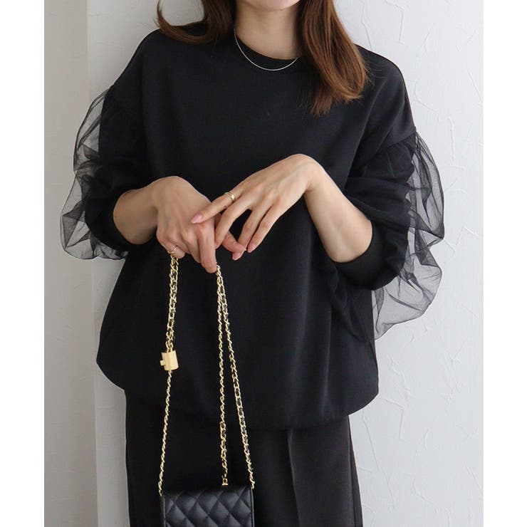 ブラック×ブラック | チュールスリーブスウェット スウェット チュール袖 | Pierrot