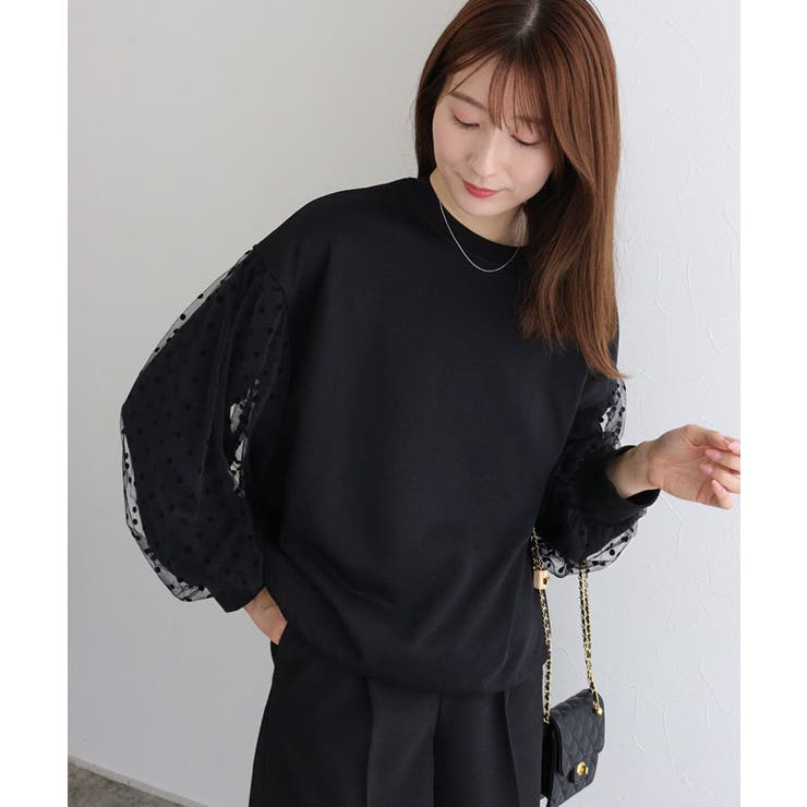 ブラック×ドット | チュールスリーブスウェット スウェット チュール袖 | Pierrot