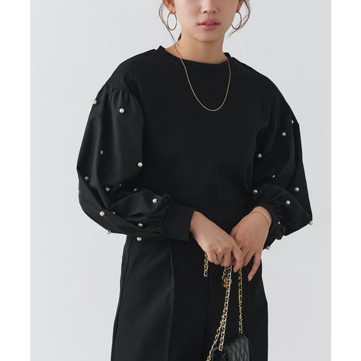 ブラック | 袖パールデザイントップス カットソー ポンチ素材 | Pierrot