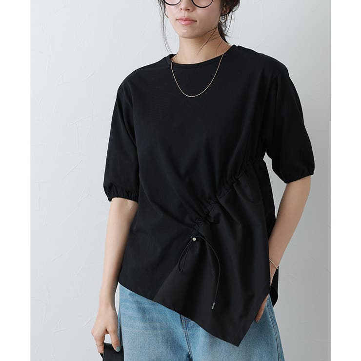 ブラック | 異素材ドッキングドロストカットソー カットソー 異素材ドッキング | Pierrot