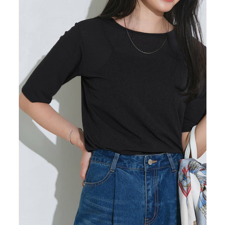 ブラック | 五分袖シアーカットソー tシャツ レディース | Pierrot