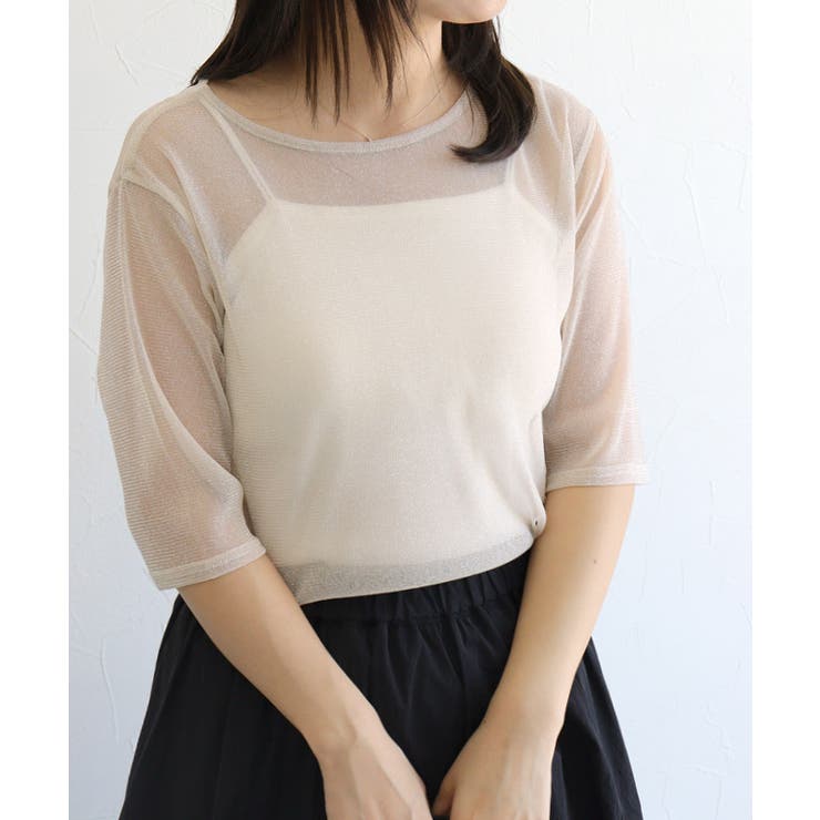 ラメ/ライトベージュ | 五分袖シアーカットソー tシャツ レディース | Pierrot