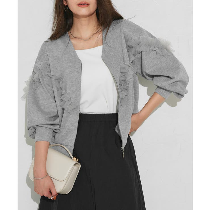 杢グレー | チュールデザインジップカーデ カーデ ジップ | Pierrot