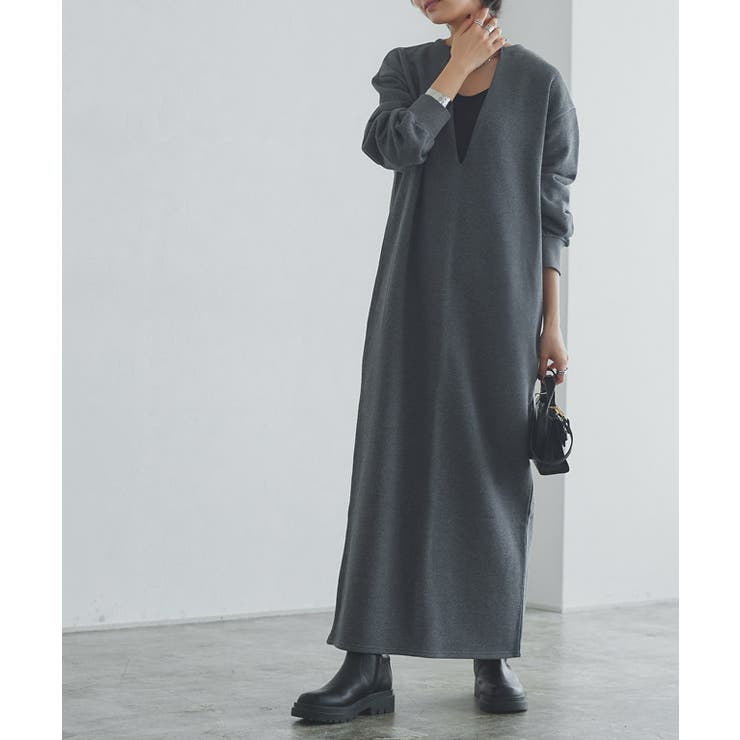 杢チャコール×ブラック | インナーセットキーネックスウェットワンピース ワンピース インナーセット | Pierrot