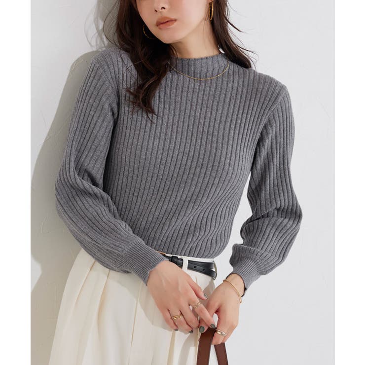 杢グレー | もっちりパフスリーブリブニット ニット パフスリーブ | Pierrot