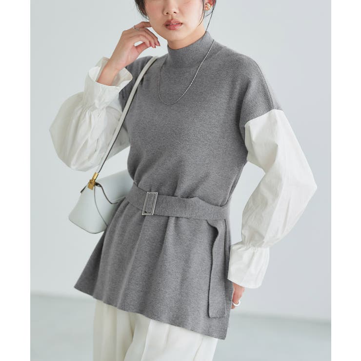 杢チャコール | ベルト付きドッキングニット ニット ベルト付き | Pierrot