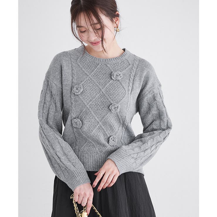 杢グレー | ローズモチーフニット ニット ローズ | Pierrot