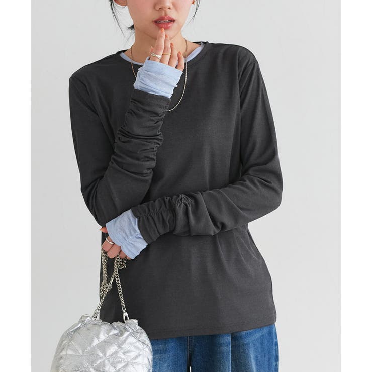 チャコール | 袖シャーリングシアーロングスリーブTシャツ デザイントップス 袖コンシャス | Pierrot