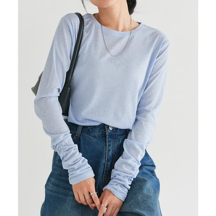サックス | 袖シャーリングシアーロングスリーブTシャツ デザイントップス 袖コンシャス | Pierrot