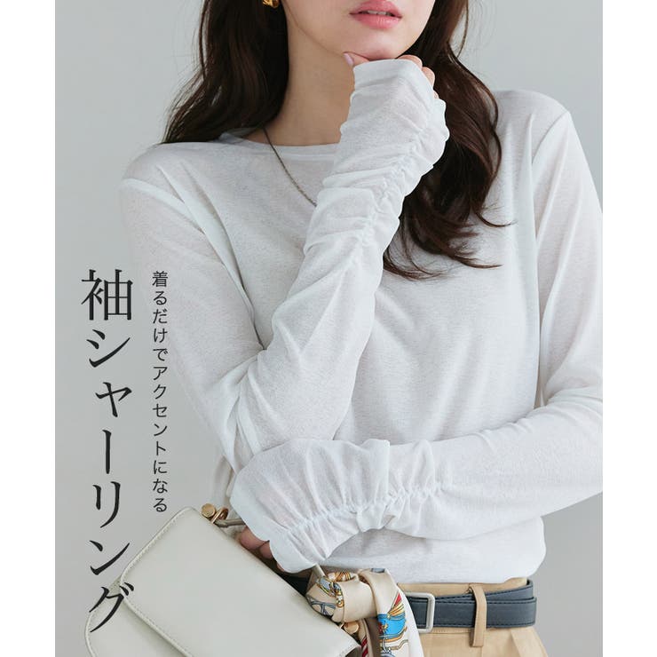 袖シャーリングシアーロングスリーブTシャツ デザイントップス 袖コンシャス | Pierrot | 詳細画像3 