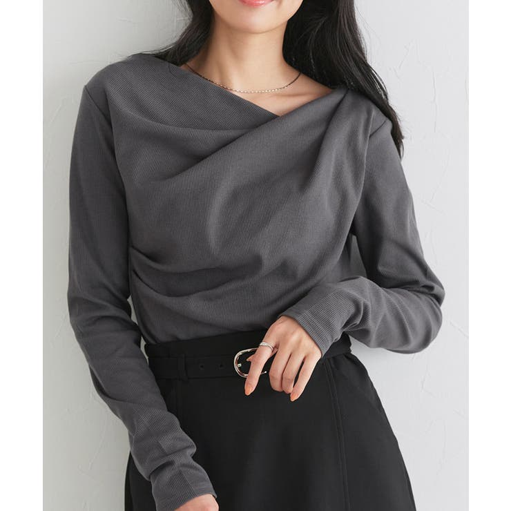 チャコール | ドレープデザインテレコリブカットソー 肌 馴染み | Pierrot