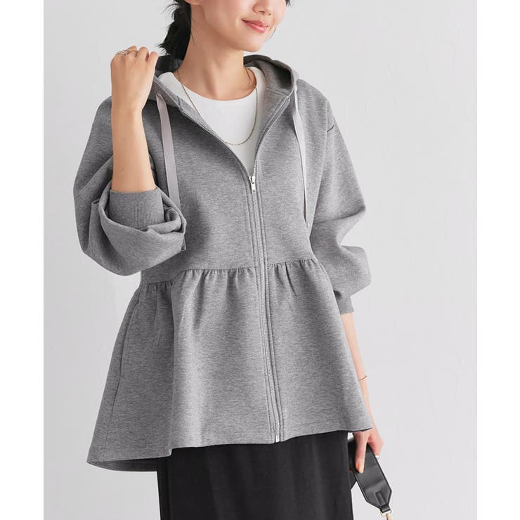 杢グレー | ダンボールヘムフレアパーカー ストレッチ性 リボン | Pierrot