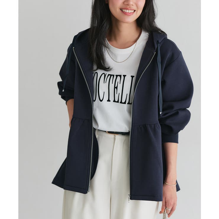 ネイビー | ダンボールヘムフレアパーカー ストレッチ性 リボン | Pierrot