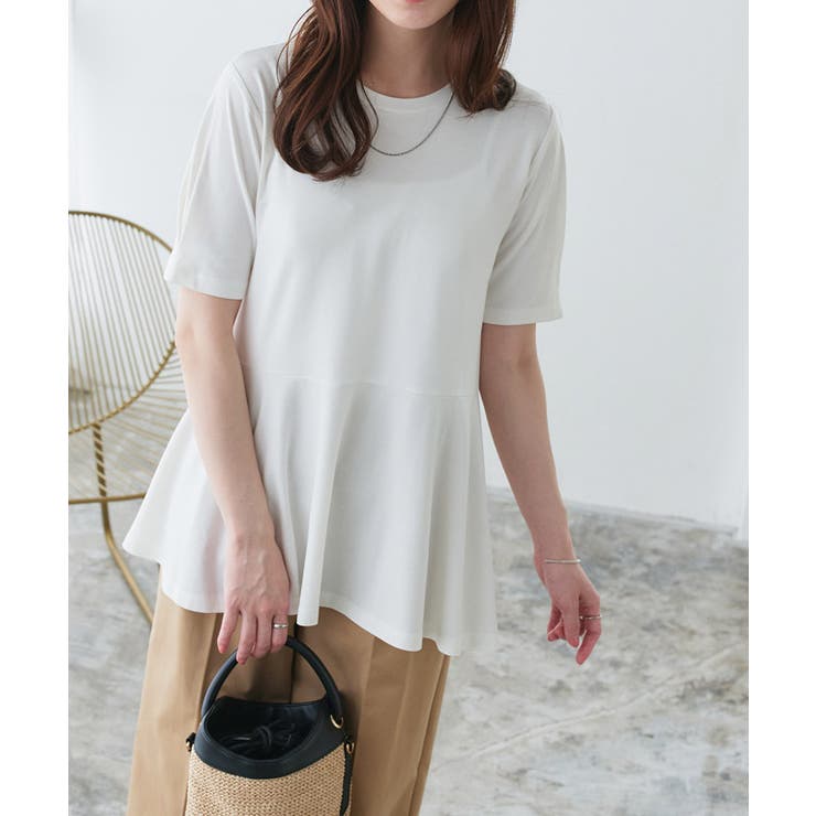 オフホワイト | 接触冷感袖タックペプラムTシャツ レーヨン カットソー | Pierrot