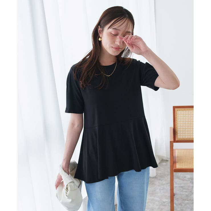 ブラック | 接触冷感袖タックペプラムTシャツ レーヨン カットソー | Pierrot