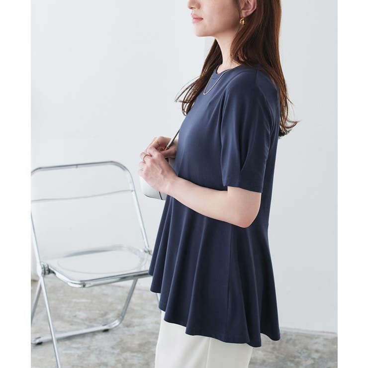 ネイビー | 接触冷感袖タックペプラムTシャツ レーヨン カットソー | Pierrot