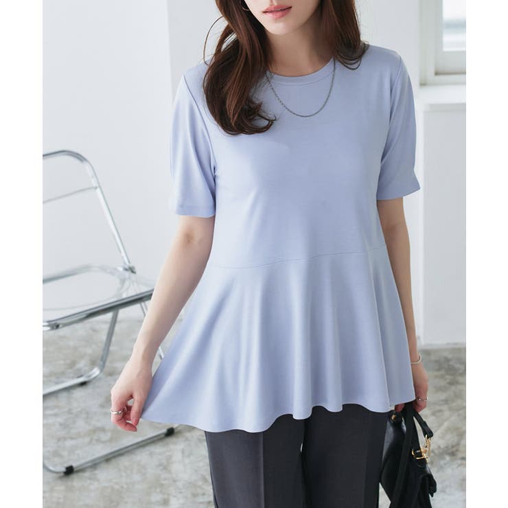 ライトブルー | 接触冷感袖タックペプラムTシャツ レーヨン カットソー | Pierrot
