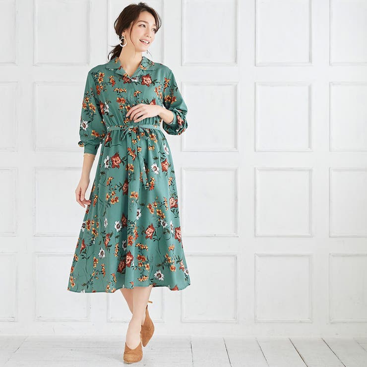 花柄シャツワンピースワンピ ワンピース 花柄 レトロ 大花 長袖
