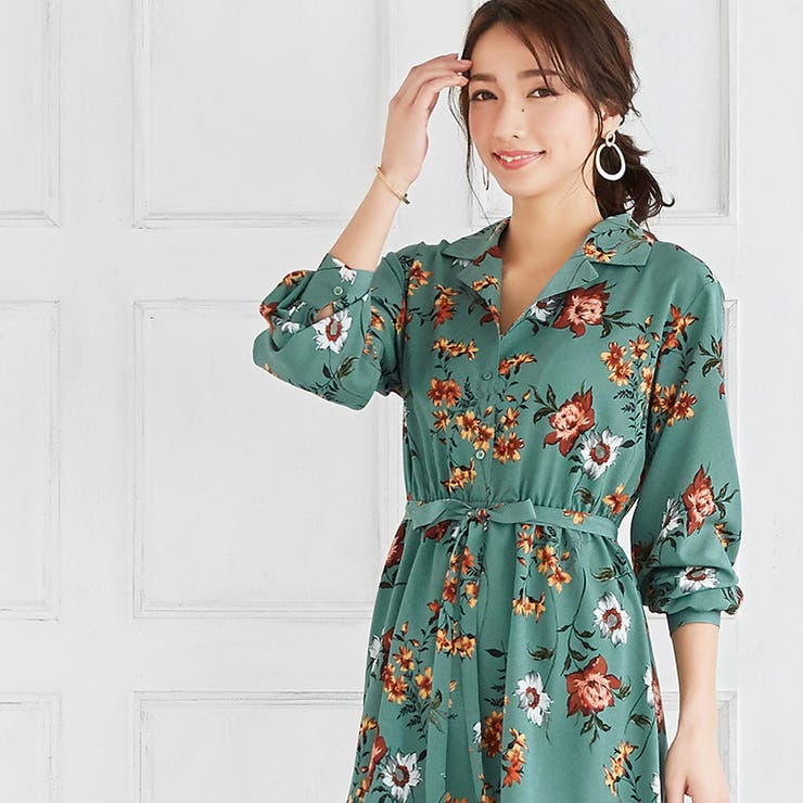 花柄シャツワンピースワンピ ワンピース 花柄 レトロ 大花 長袖