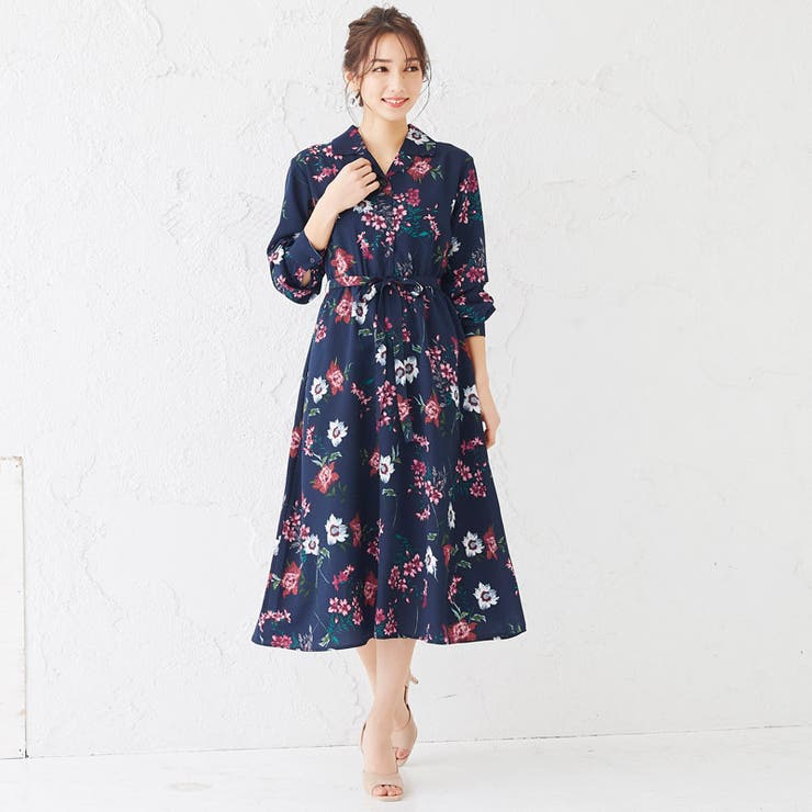 限定セール -SALE 花柄シャツワンピースワンピ ワンピース 長袖 大花 レトロ 花柄 トップス