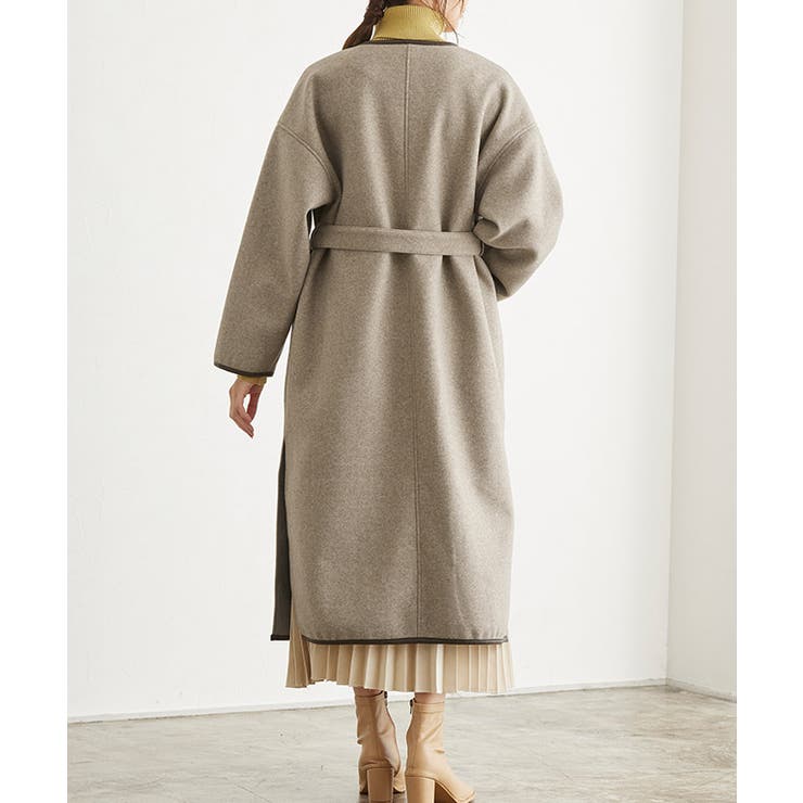 パイピングノーカラーガウンコート コート ガウンコート ベルト付き