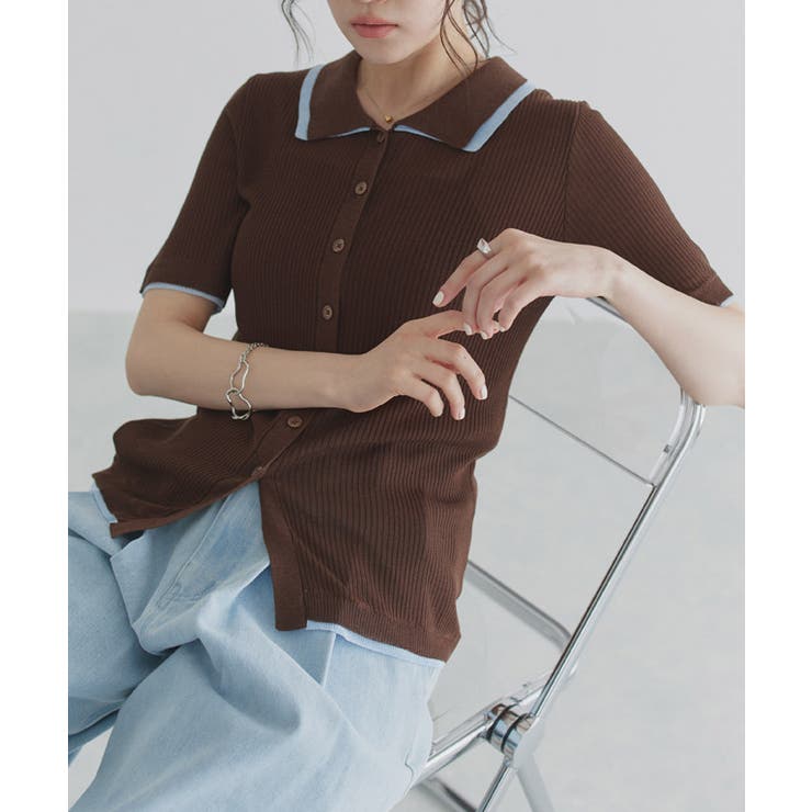 ブラウン×ブルー | [ECLAM] 麻タッチ配色デザインカーデ カーディガン | Pierrot