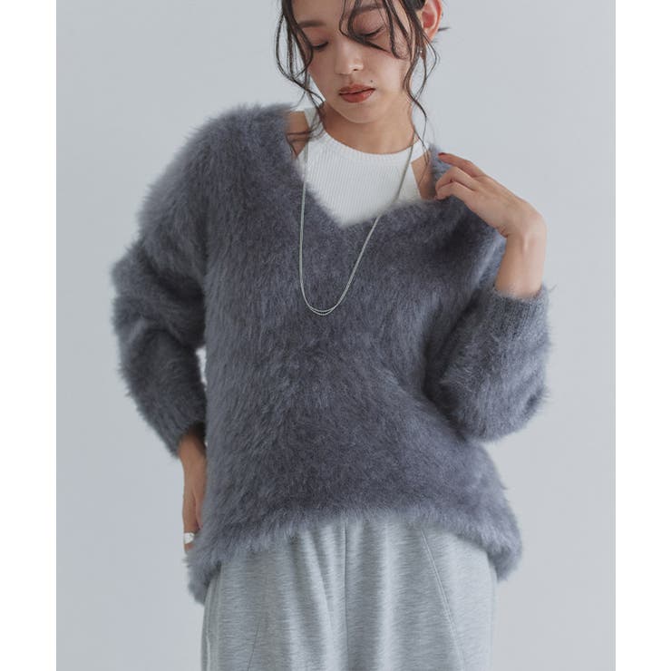 グレー | [ECLAM] シャギーＶネックニット ニット | Pierrot