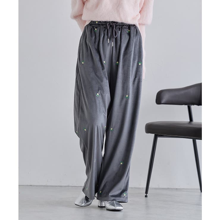 [ECLAM] フラワー刺繍ベロアワイドパンツ パンツ | Pierrot | 詳細画像10 