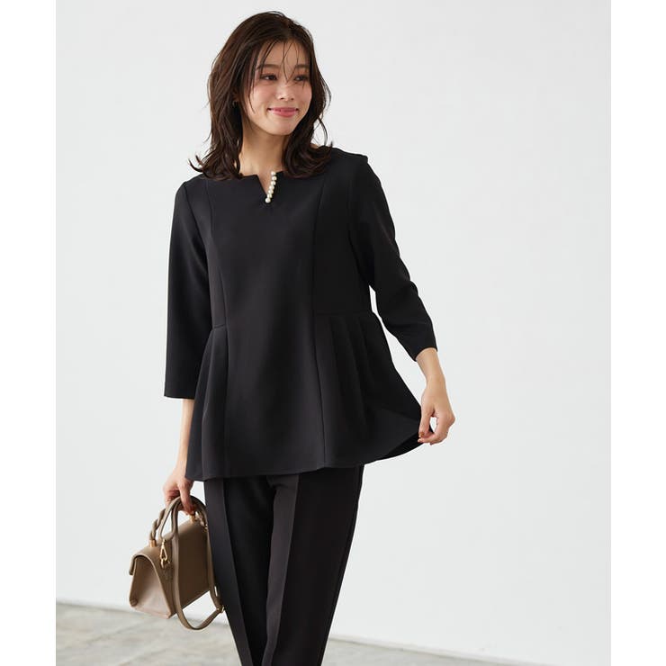 Pierrot  - ピエロ　パール付き　キーネック　ブラウス　セットアップ　Lサイズ　ネイビー キーネックパールブラウスセットアップ セットアップ パール