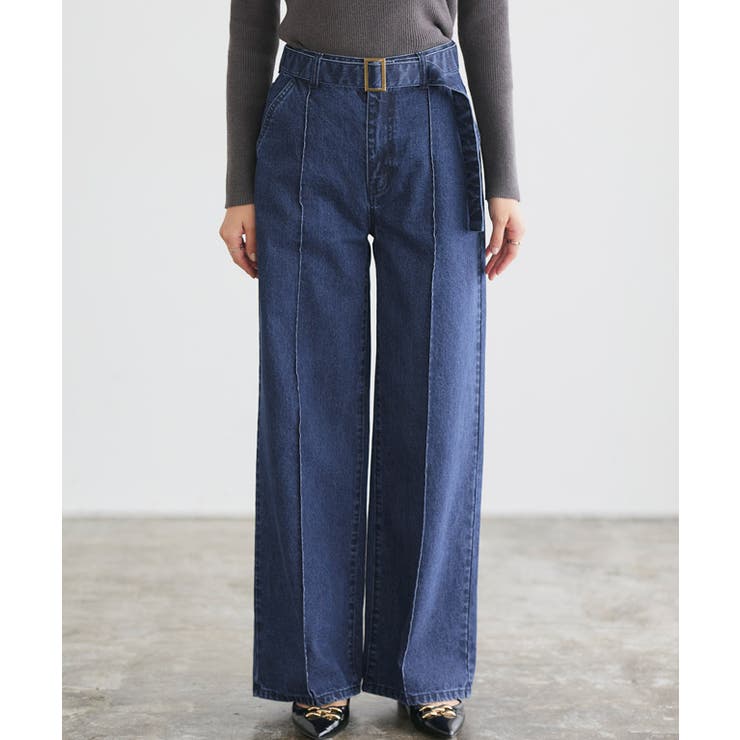 ベルト付きピンタックセミワイドデニム デニム ベルト[品番