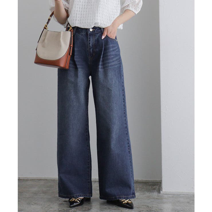 ブルー | タックワイドデニム デニムパンツ ワイドシルエット | Pierrot