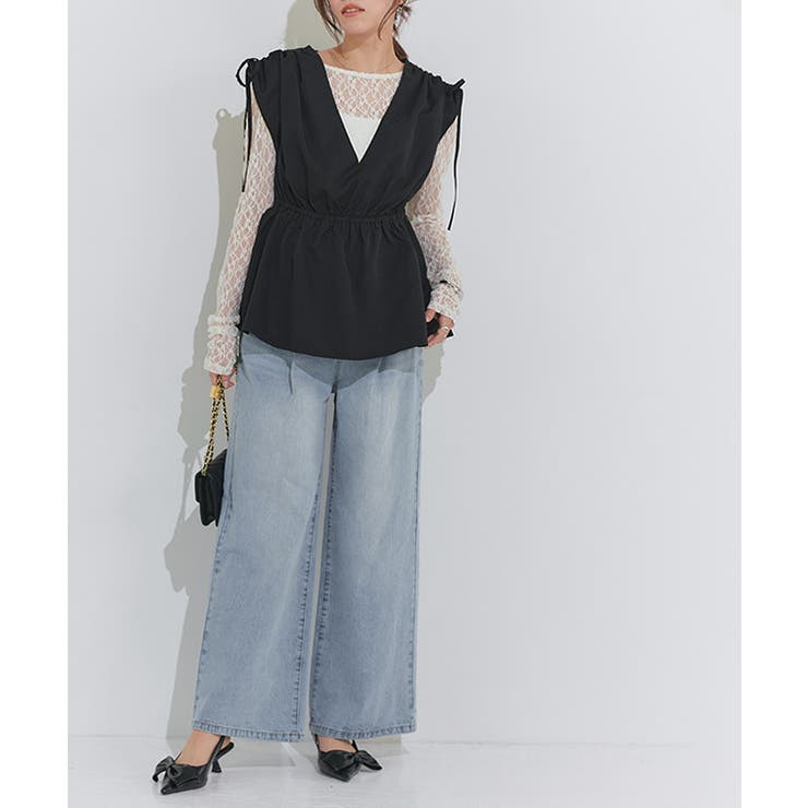 サックス | タックワイドデニム デニムパンツ ワイドシルエット | Pierrot