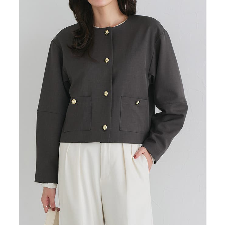チャコール | ゴールドボタンノーカラージャケット ジャケット ゴールド | Pierrot