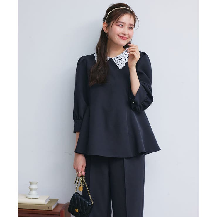 レース/ネイビー | 2WAY選べる襟ペプラムセットアップ セットアップ 2WAY | Pierrot