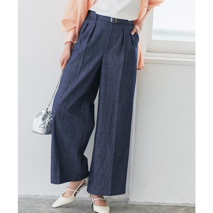 ブルー | ベルト付きシャンブレーワイドパンツ 涼しげ コットン | Pierrot