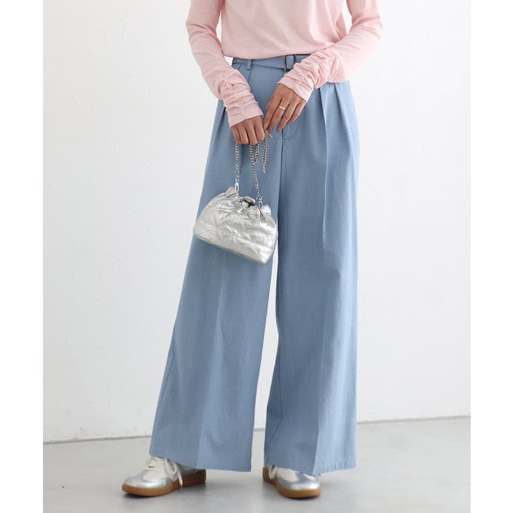 サックス | ベルト付きシャンブレーワイドパンツ 涼しげ コットン | Pierrot