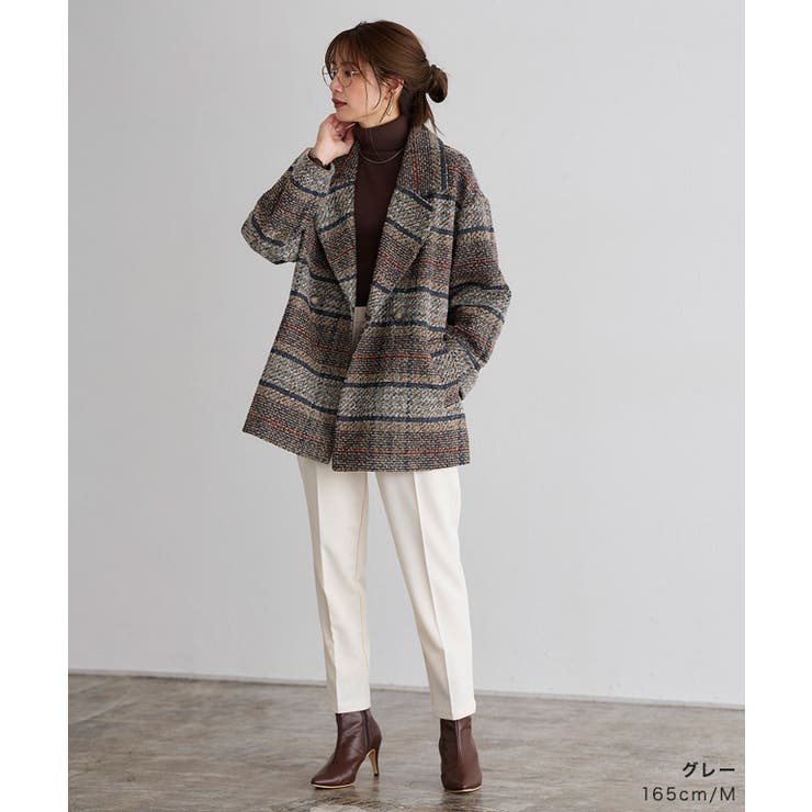 チェック柄ダブルコート コート チェック柄[品番：PRTW0004561