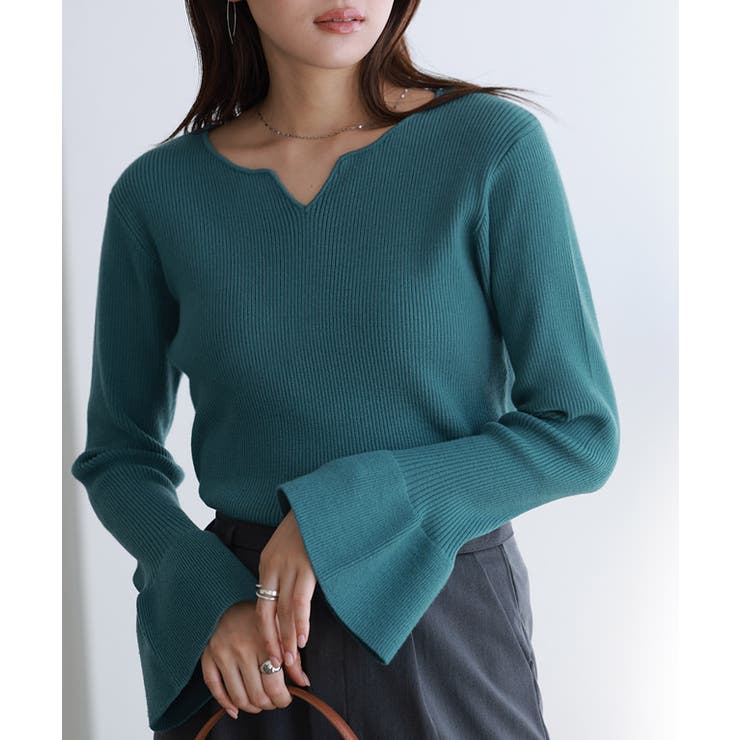 ブルーグリーン | キーネックフレアスリーブニット ニット キーネック | Pierrot