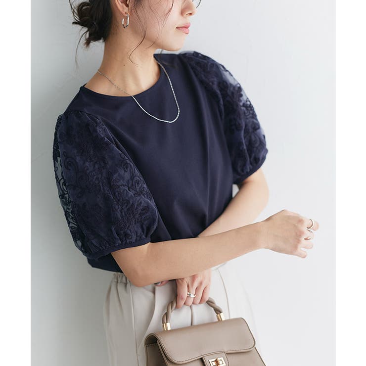 ネイビー | 袖チュールレースブラウス ブラウス チュール素材 | Pierrot