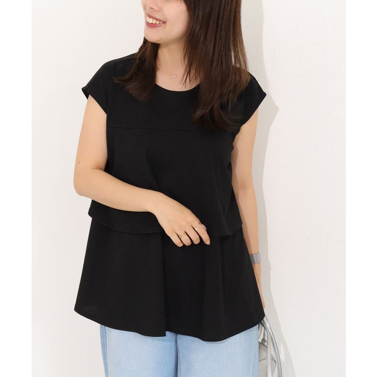 ブラック | ひんやりシルキーティアードフリルカットソー カットソー 接触冷感 | Pierrot