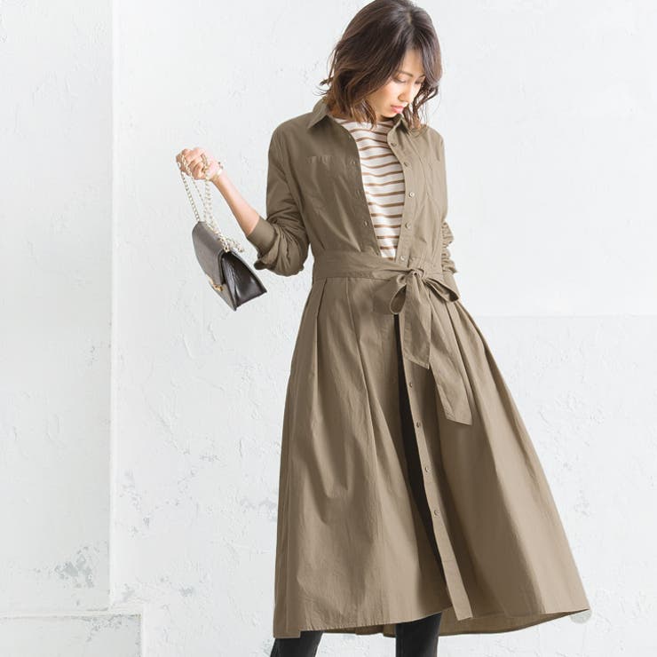 リボン付き タックシャツワンピースワンピース シャツワンピ