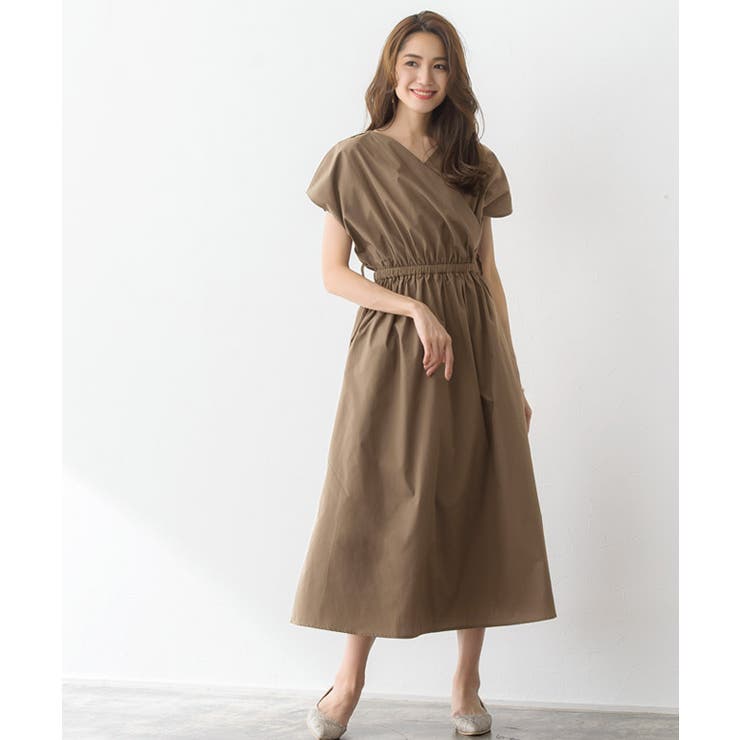 ロング丈 ワンピース カシュクール ウエストリボン A429 ワンピース Aライン レディース 半袖 ロング丈 Vネック
