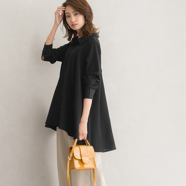 Aラインシャツ黒 白 Aライン シャツ トップス ブラウス イレヘム 七分 