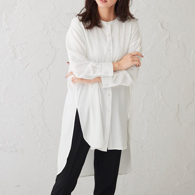 オフホワイト | ノーカラーチュニックブラウスノーカラー ブラウス スリット チュニック | Pierrot