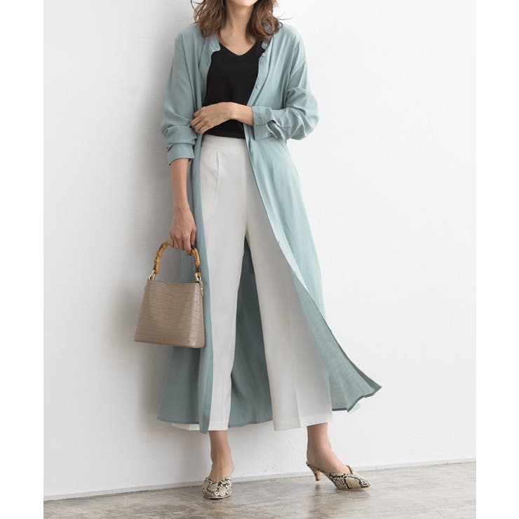 ベルト付きノーカラーロングシャツ ロングシャツ シャツワンピ